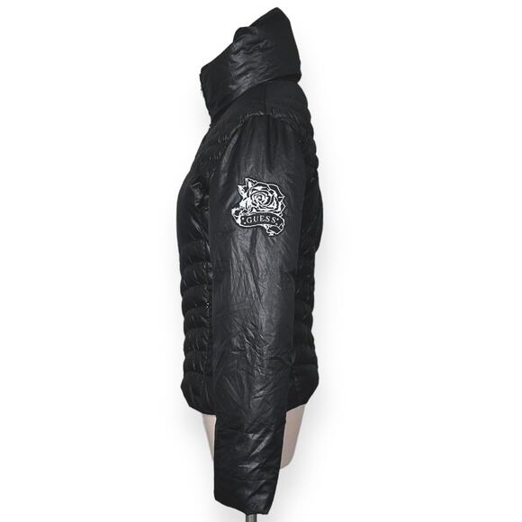 GUESS Puffer Jacket Biker Moto Down Feather Mockneck Gorpcore Chevron Black - Picture 5 of 15